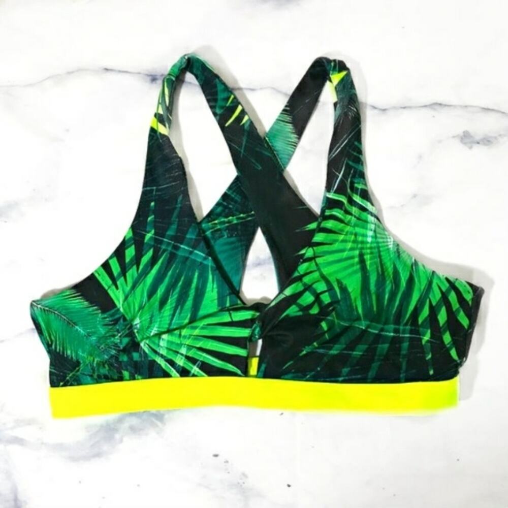 Fabletics Green & Black Palm Tree Print Sports Bra